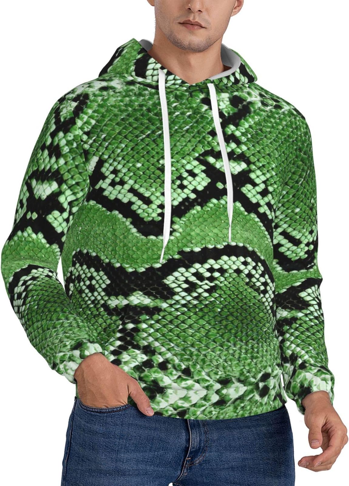 Green Snakeskin Print Men'S Hoodies Pullover Long Sleeve Athletic Sweatshirts With Pockets, For Gym Workout