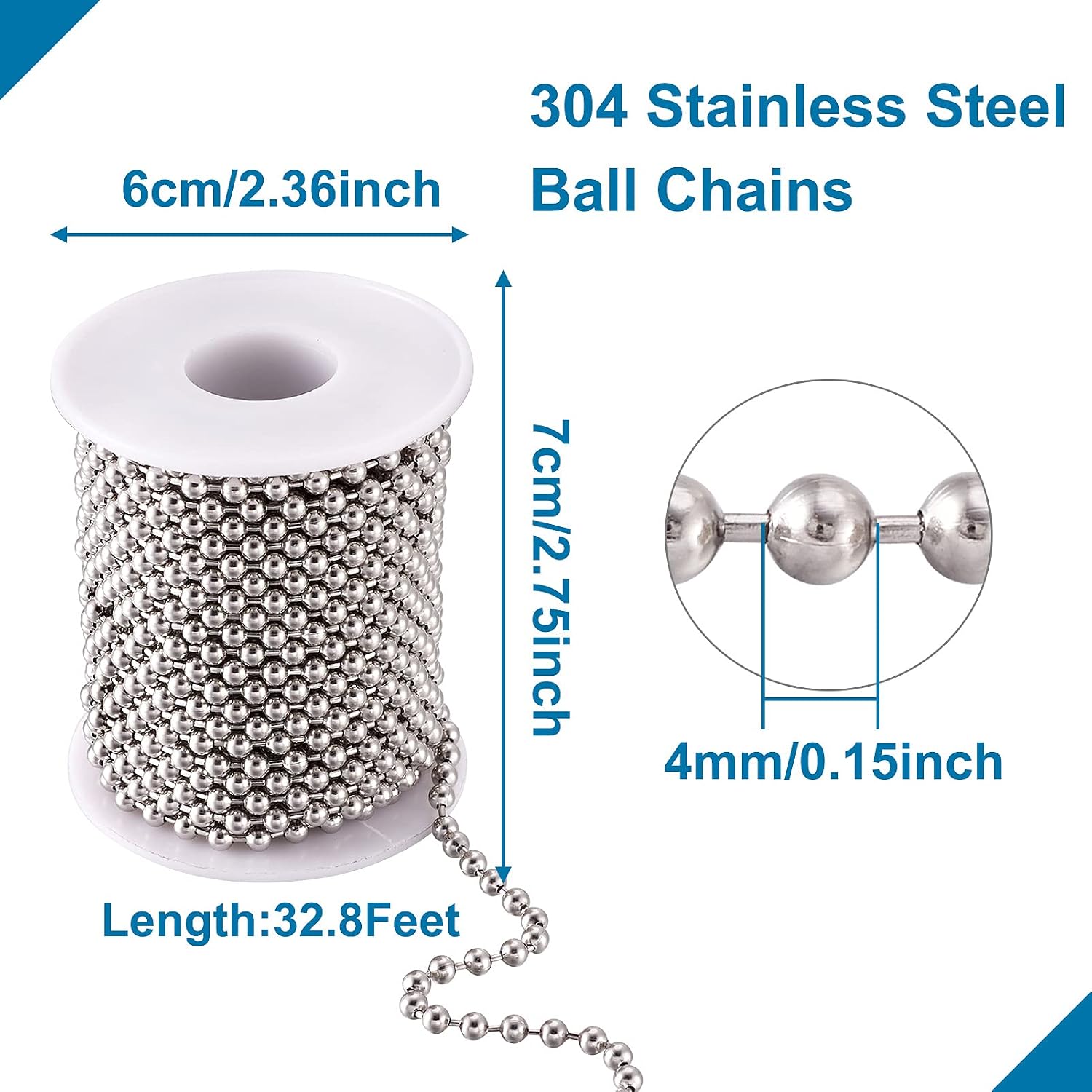 FASHEWELRY 32.8 Feet Stainless Steel Ball Bead Chains 4mm Metal Beaded Pull Chain Extension for DIY Jewelry Making (Stainless Steel Color) image 3