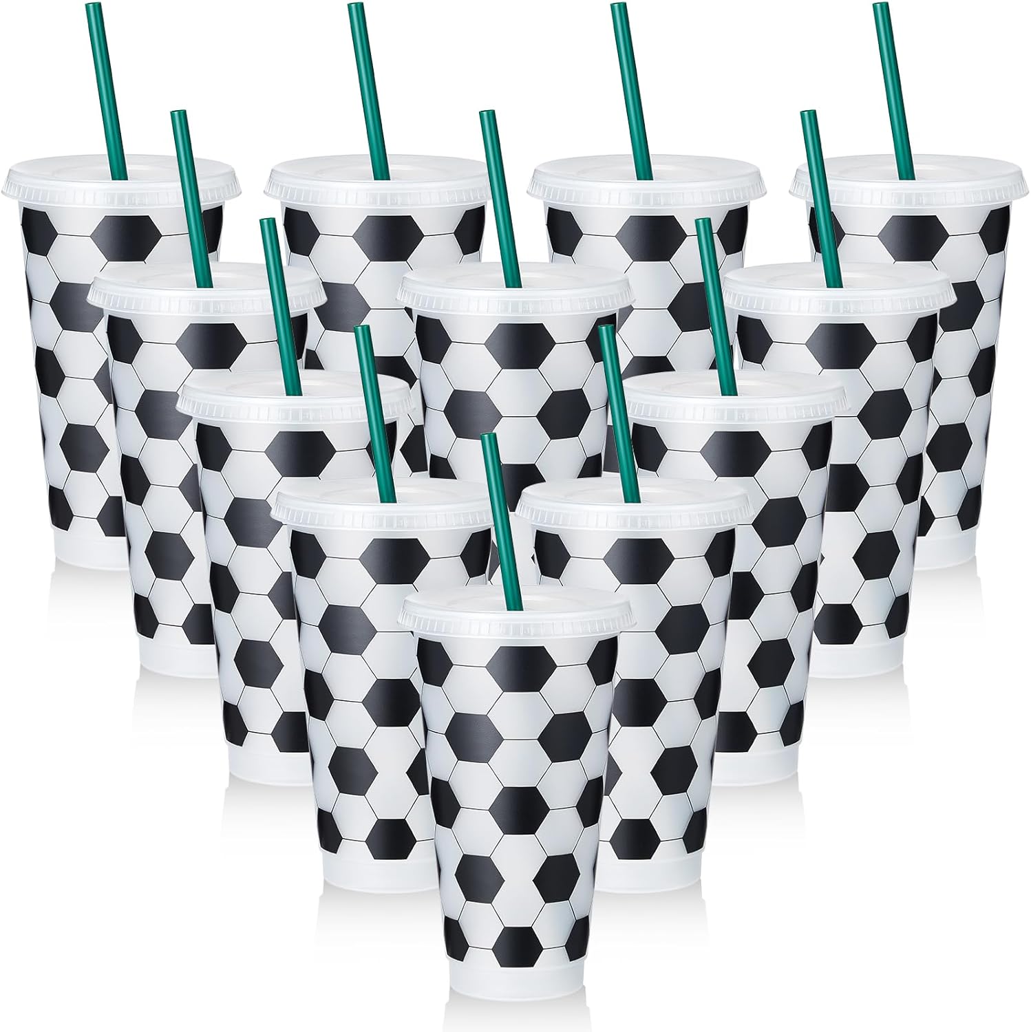 Uiifan 12 Pcs Plastic Soccer Cups Bulk Reusable Tumbler with Lid and Straw Sports Gifts for Coach Fan Men Women Soccer Team Gifts Party Favors Sports Themed Party Decoration (24 oz)