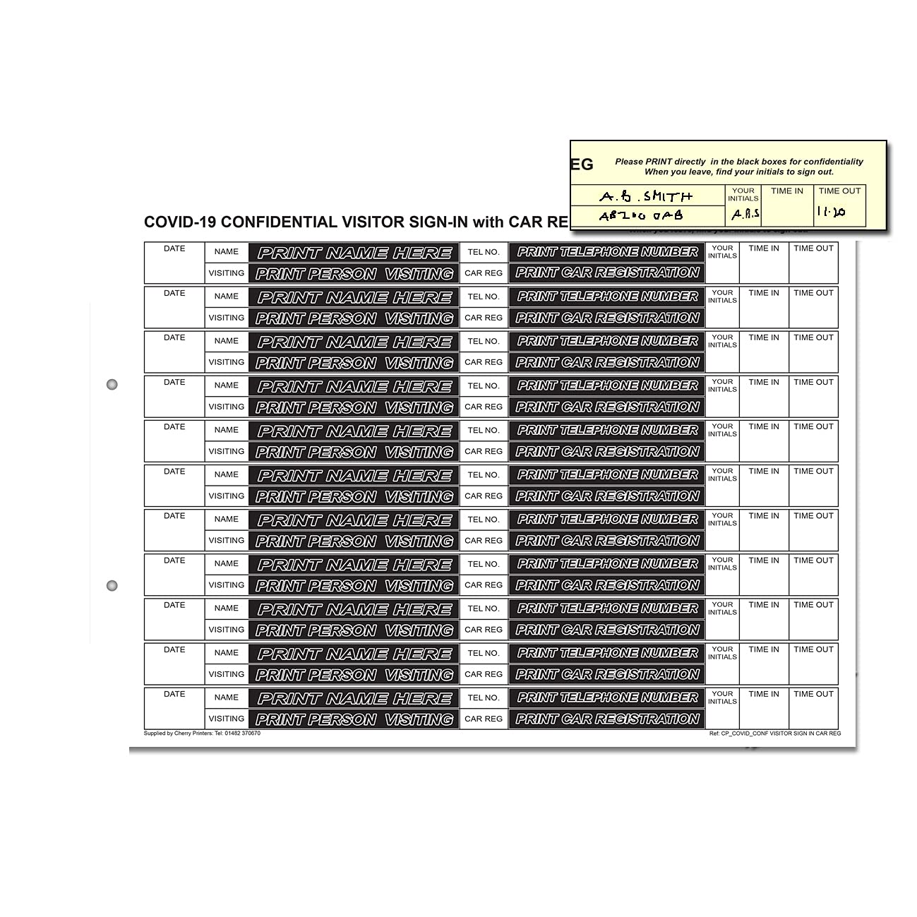 Cherry Confidential Visitor Sign in (Car Reg) Test & Trace NCR Duplicate Refill Pack A4 50 Sets for Binder