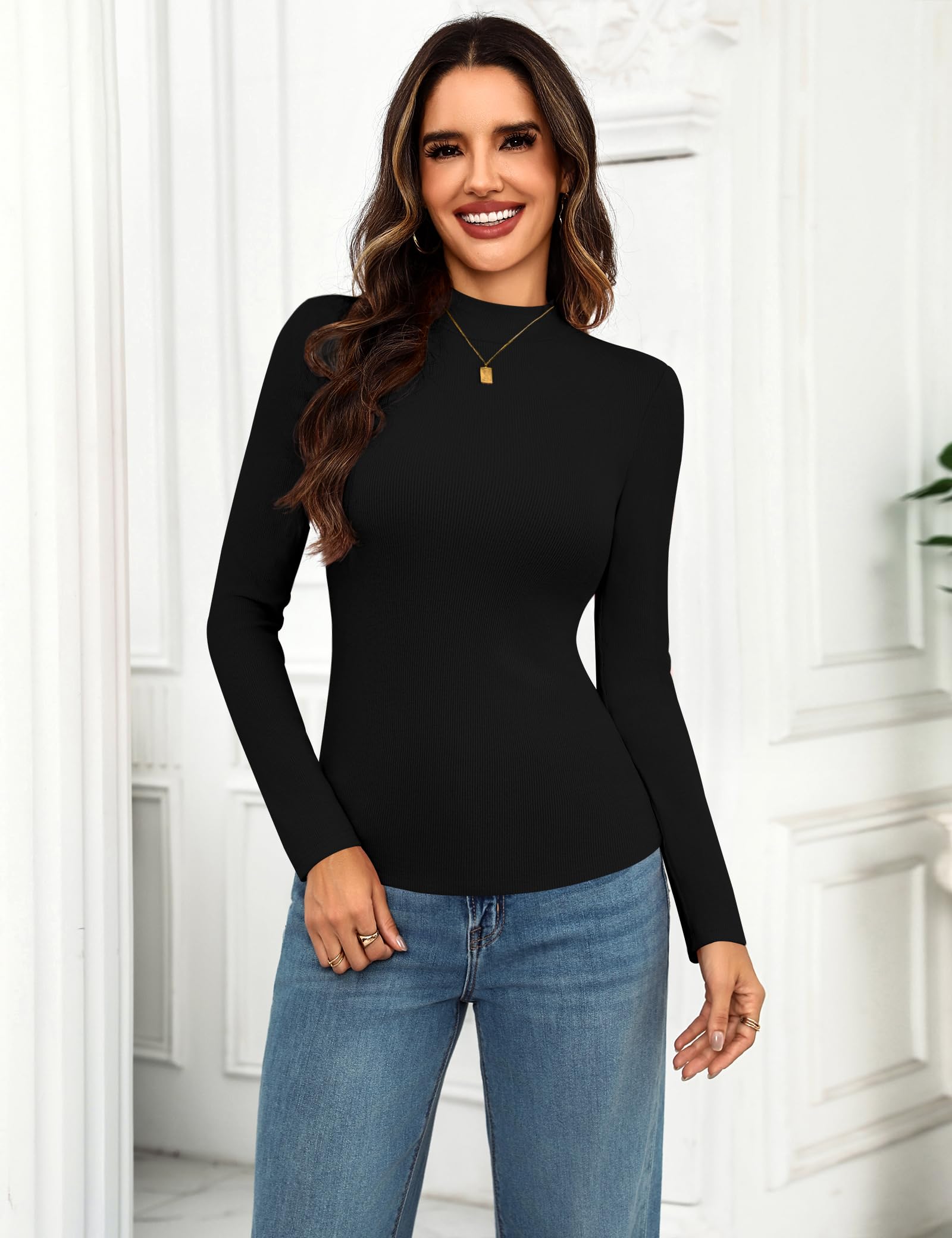 Aottori Maglia Donna con Collo Alto Cotone a Coste Tshirt Maniche Lunghe Slim Fit Maglietta Peluche Interna Termica Top Basic Bianca Primavera Autunno Inverno S-XXL
