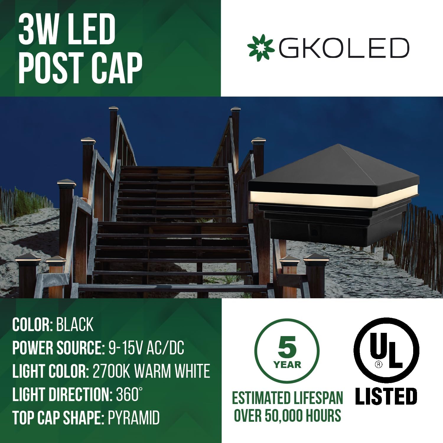 GKOLED Low Voltage Pyramid Post Cap Light, 9-15V AC/DC 3W IP65 Outdoor Deck Lighting, 2700K LED Fence Cap Light for 3.5x3.5 4x4 Wood or Vinyl Posts, Solid Die-cast Aluminum Top, Black