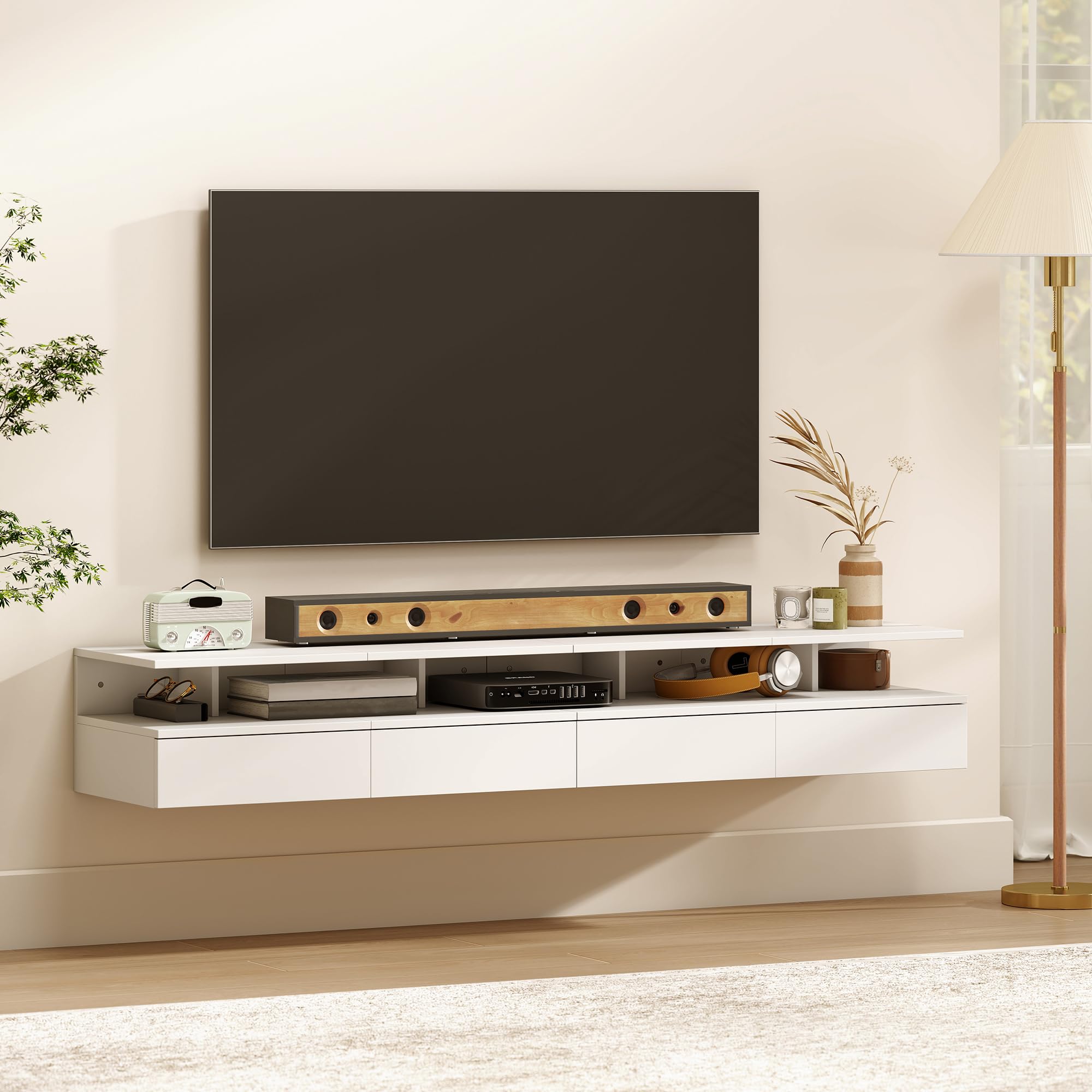 HOMCOM Set di 2 Comodini Camera da Letto Sospesi con Cassetto e Scomparto Aperto, Coppia di Comodini Moderno in Legno, Tavolini per Divano, Soggiorno, Salotto e Camera, 35x32x22.5 cm, Bianco