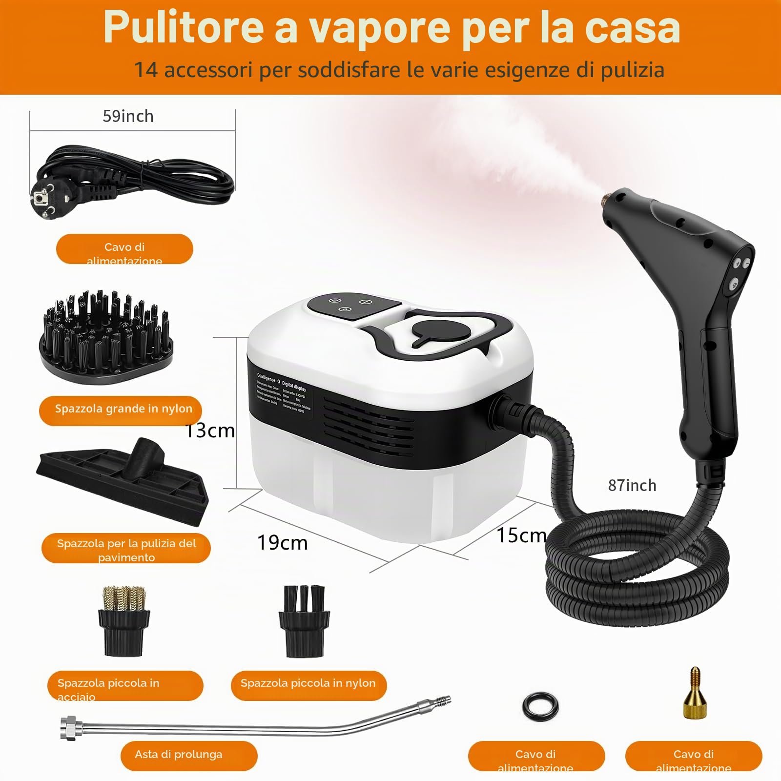 Pulitore a Vapore ad Alta Temperatura 2500W - 3,5Bar di Pressione, 1200ml, 6 Velocità, 15s di Riscaldamento, per Cucina, Auto, Pavimenti e Aria Condizionata