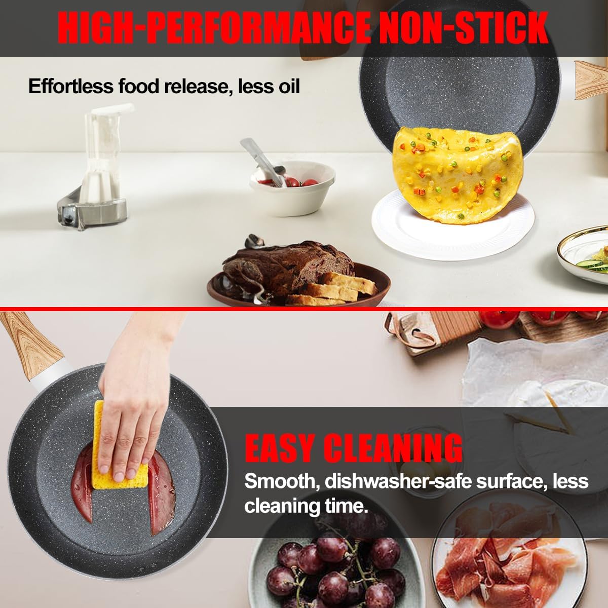 DEYKAY Non Stick Frying Pan Skillet Set, Omelet Pan, Healthy Non Toxic Granite Chef Pan, Induction Compatible Egg Frying Pan with Heat-Resistant Handle, PFOA-Free,Black, 8.6"+10.5"+11"