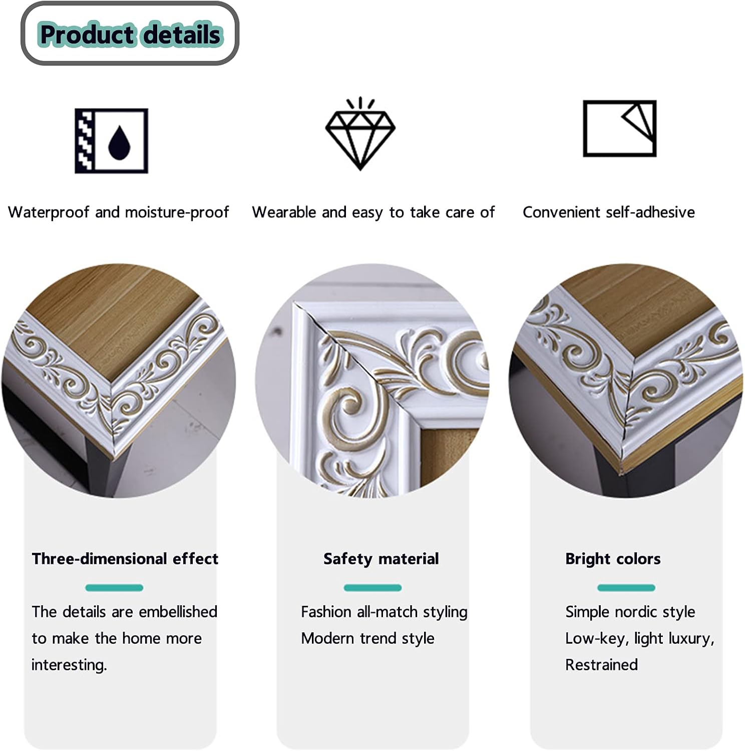 3D Self Adhesive Wallpaper Border Roll, Waterproof Wall Border Peel and Stick Wall Border Foam Mirror Borders Wall Door Window Decor and Wall Repair for Kitchen Bathroom,White Gold,3m6cm