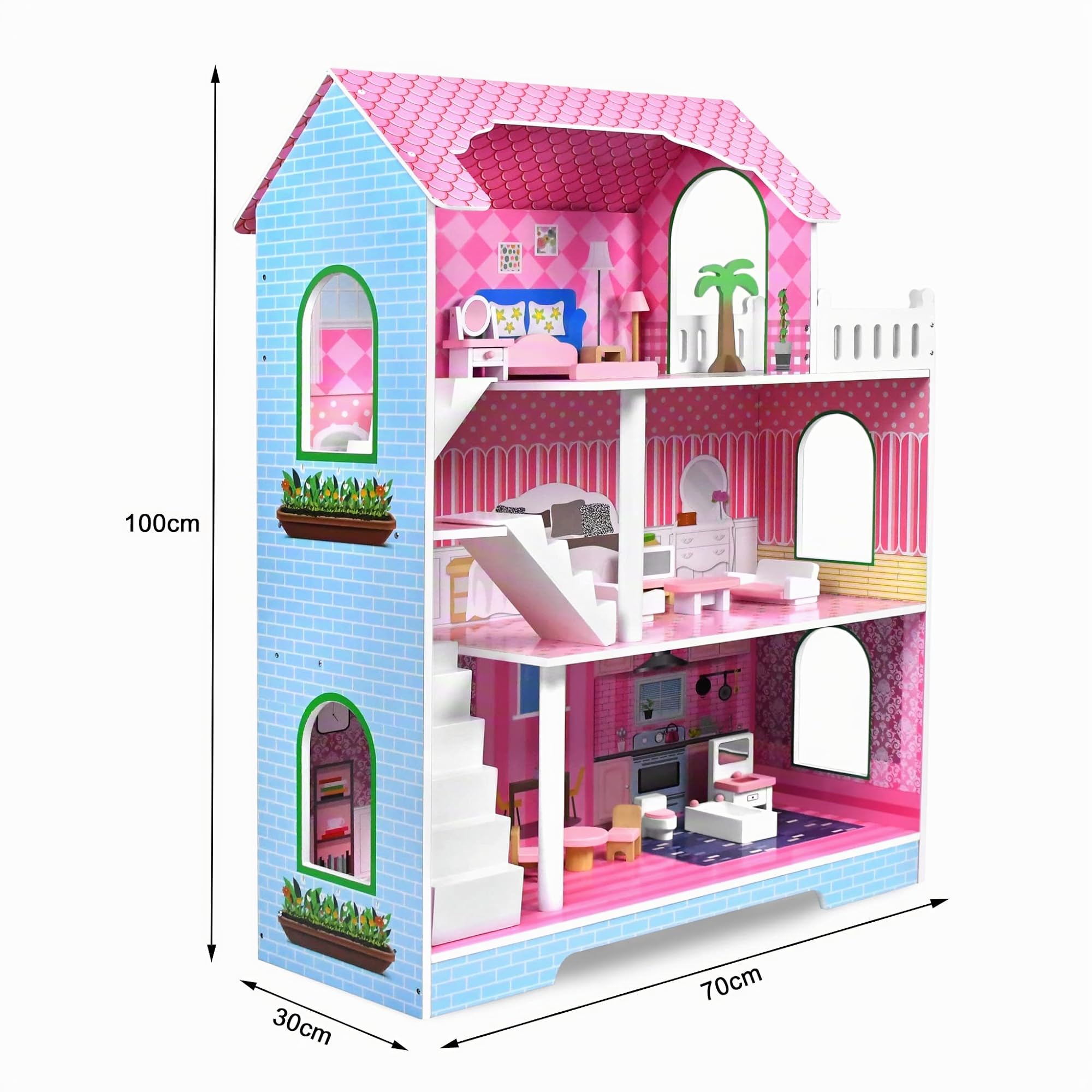 Aufun Holzpuppenhaus MDF, Puppenstube 3-Etage, Möbel, Zubehör, Puppenvilla, Dollhouse, Kinder, Spielzeug, Groß, Ästhetisch