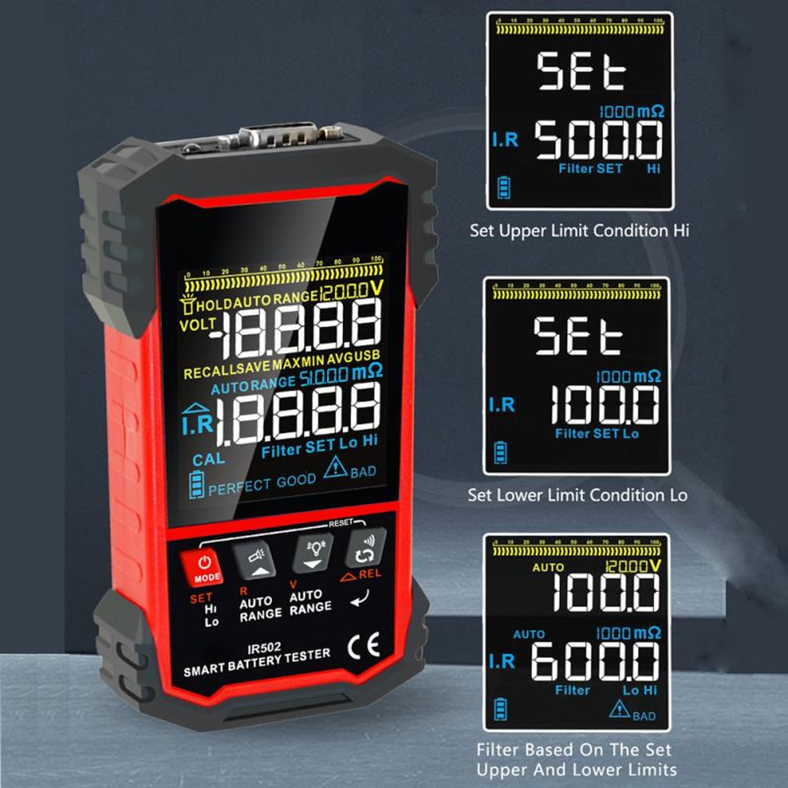 Tester digitale per batteria per auto, con tensione da 0 a 120 V CC e misurazione della resistenza interna da 0 a 500 Ω, allarme basso-alto, indicatore di salute, per moto,