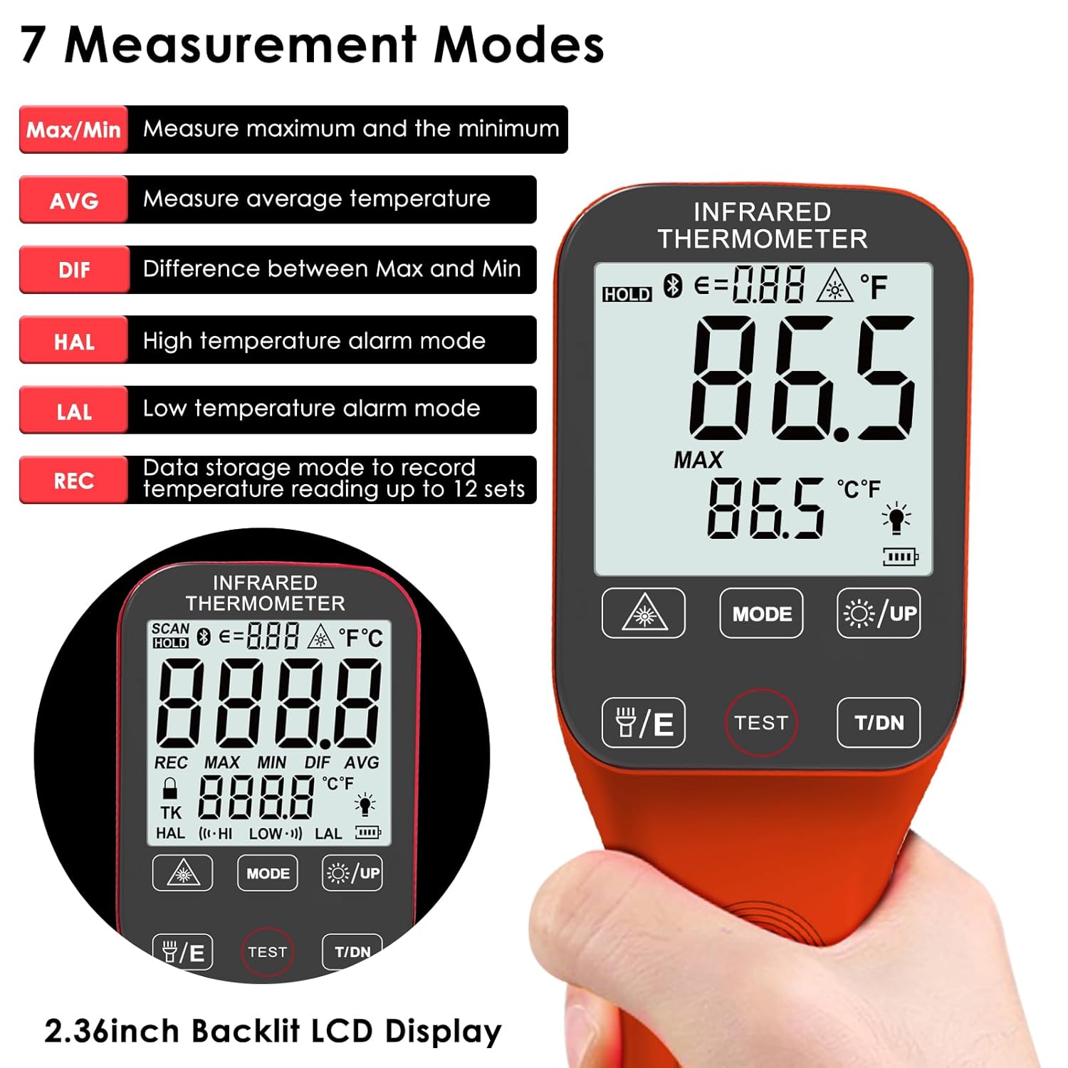 Image displaying the BTMETER BT-1600APP thermometer's screen showing various measurement modes like Max/Min, AVG, DIF, HAL, LAL, and REC, along with a description of each mode.