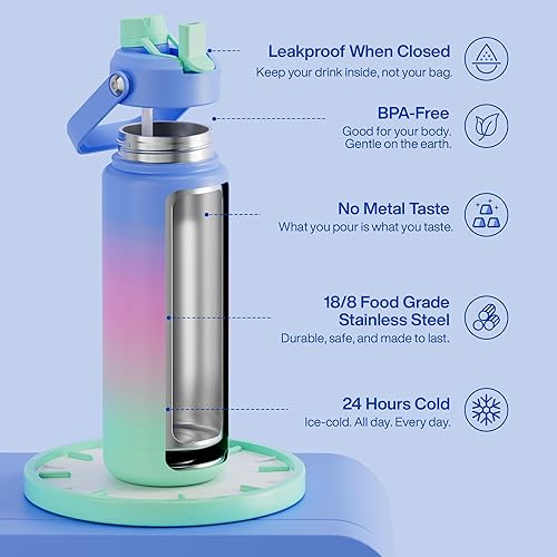 Miniatura 313 de ENCOOL Botella de agua aislada con popote, de acero inoxidable, a prueba de fugas, sin BPA, al vacío de doble pared que se mantiene fría durante 24