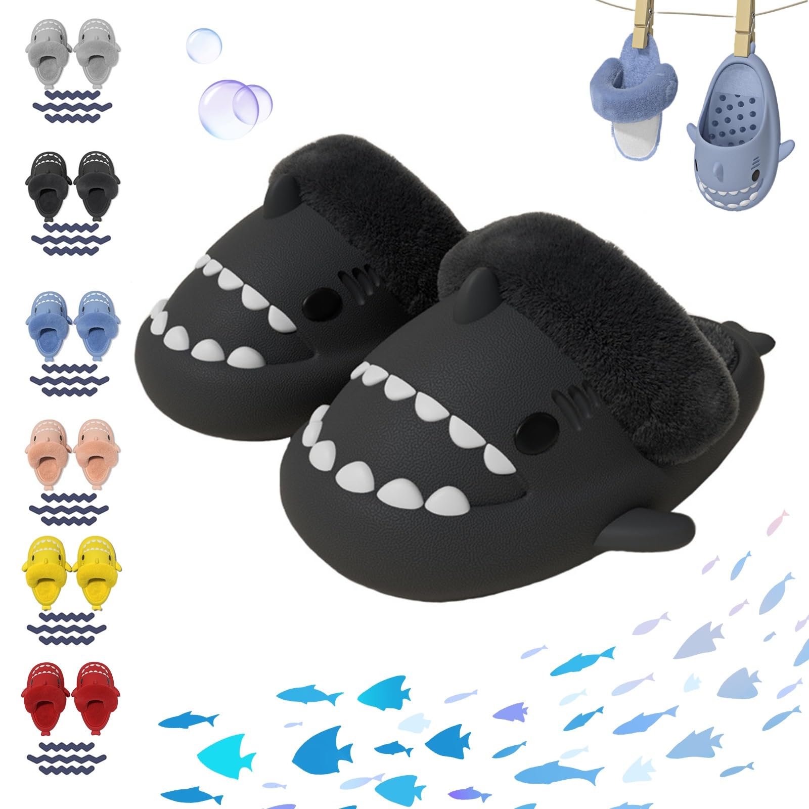 Overhil1s Shark Fuzzy Slippers for Kids and Adult Removable Lining Winter Cozy Warm Waterproof Non-Slip Cloud Shark Slides Slippers(Black,42/43 EU)