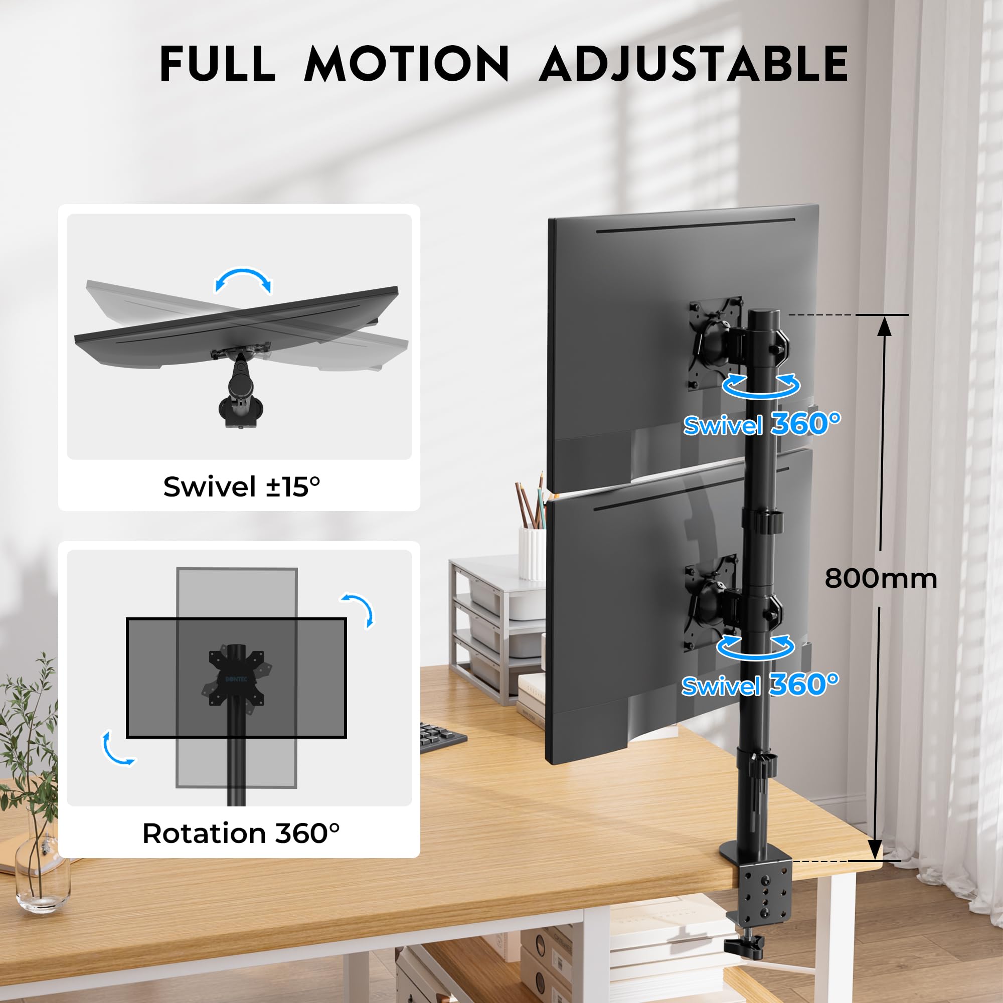 BONTEC Supporto Doppio Schermo Verticale, Braccio Doppio 13-34 Pollici Fino a 10 kg, Regolabile, Gestione Cavi, Supporto da Scrivania Robusto, Compatibile VESA 75x75 e 100x100, Supporto PC Ergonomico
