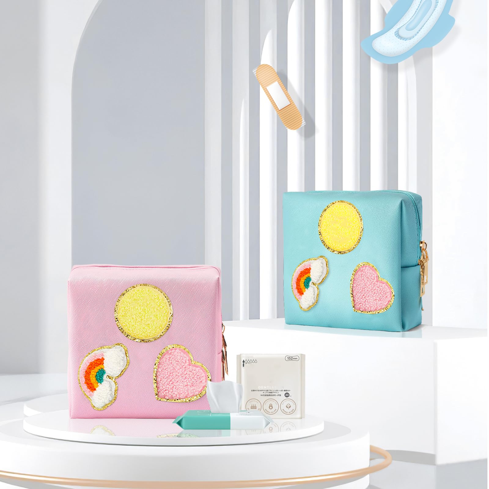 2 Pack Period Bag, PU Leather Sanitary Napkin Storage Bag for Feminine Pads Liners Tampons and Reusable Pads,Functional Sanitary Pads Pouches First Period Kit for Women Ladies Gift