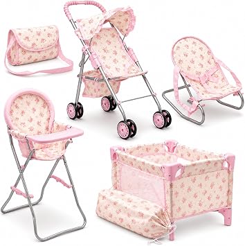 Baby Doll Stroller Bed and Seat Nursery Playset, Baby Doll Accessories Set High Chair Diaper Bag Role Play Deluxe Baby Doll Floral Set