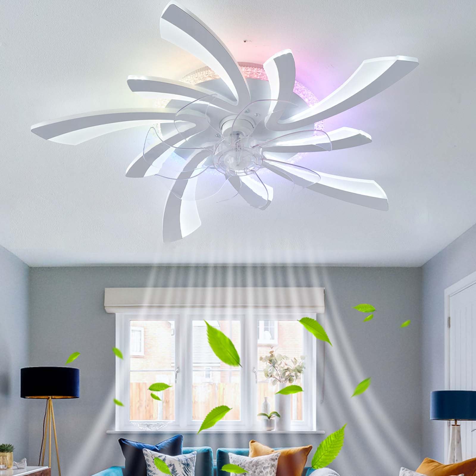 Dobecd RGB Ceiling Fans with Lights Flower Dimmable White LED Ceiling Fan Light Timer Ceiling Light Fan Memory Function Ceiling Fans with Lamps Silent Smart Fan Lights for Bedroom Living Room White