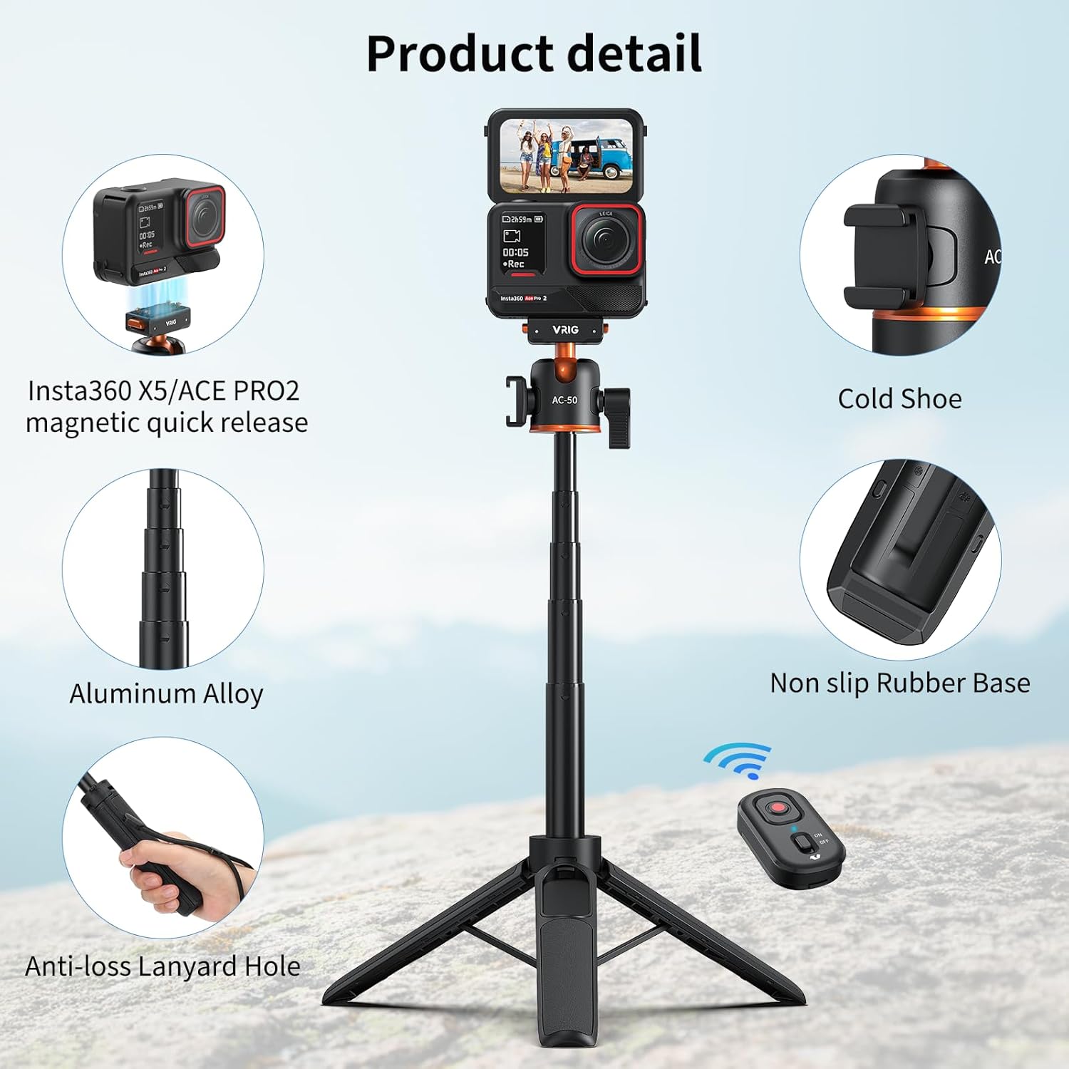 VRIG X5 21" Mini Camera Tripod for Insta360 Ace Pro2 with Wireless Remote,360 Extendable Selfie Stick Handle Grip Monopod with Quick Release Adapter for Insta360 X5/X4 Air/Ace Pro Accessories
