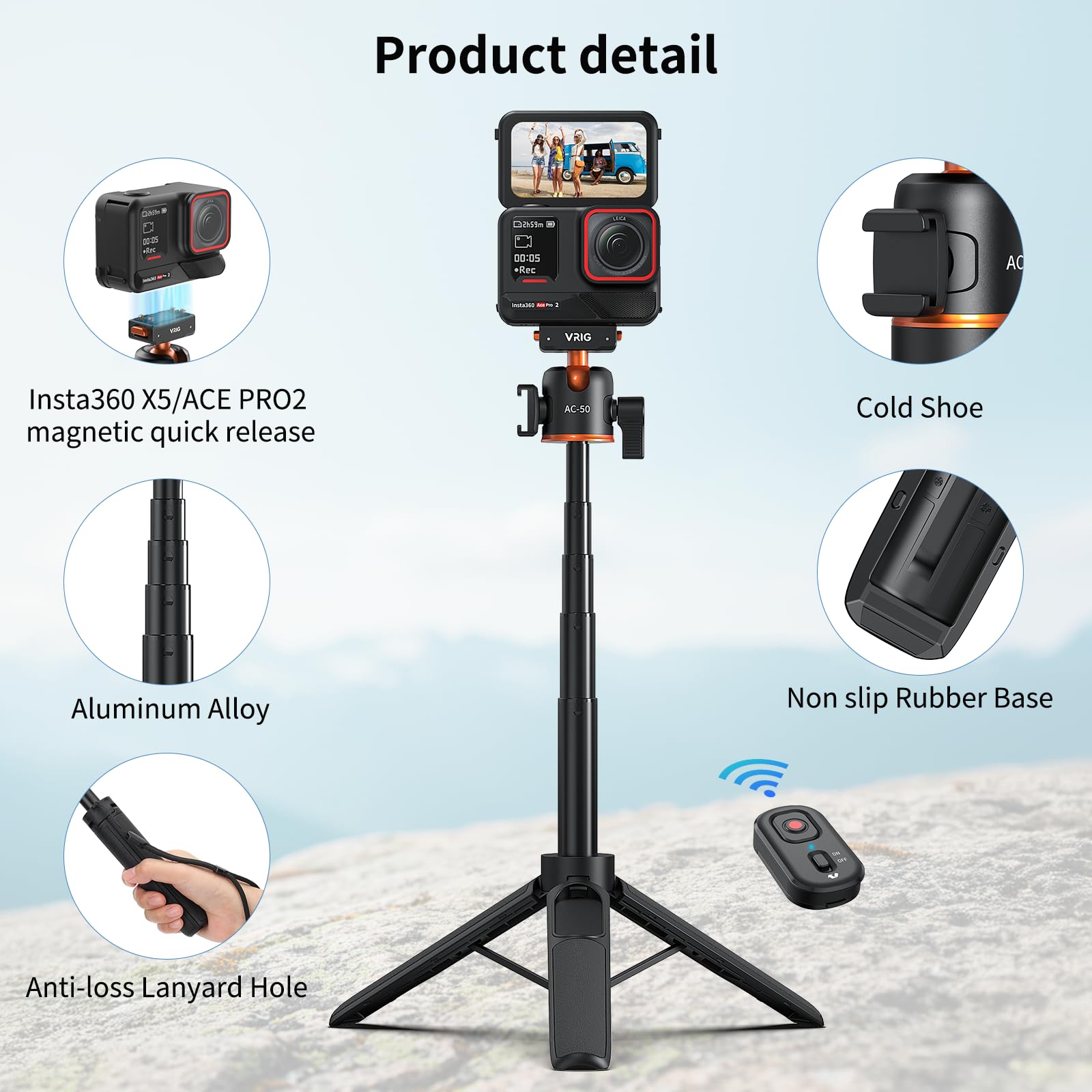 Amazon | VRIG AC-50 自撮り棒三脚 Insta 360 Ace Pro/Ace Pro 2/X5用 