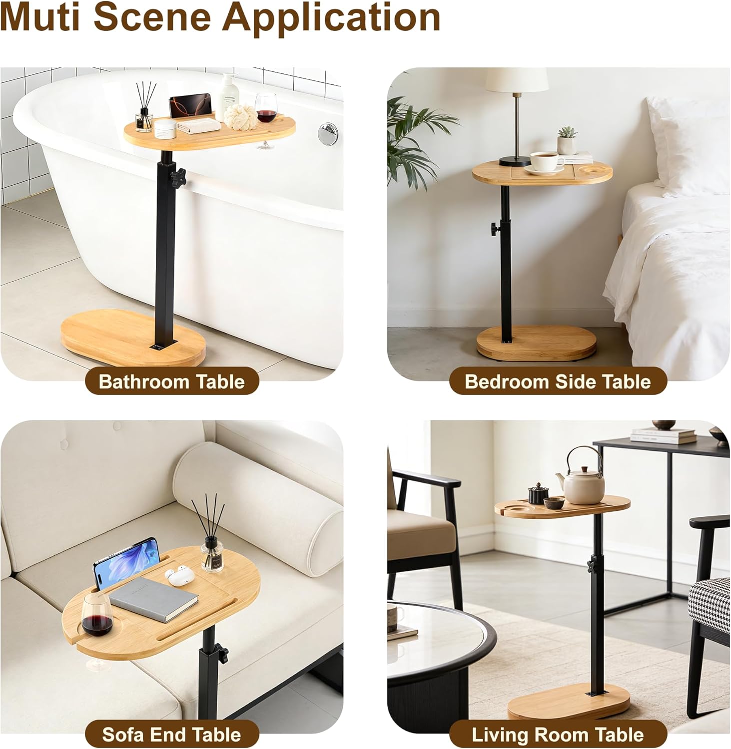 Bamboo Bathtub Side Table, 360° Swivel Height Adjustable Freestanding Bath Caddy Tray Organizer with 5 Storage, Luxury Home Spa Bathroom Essential (Natural)