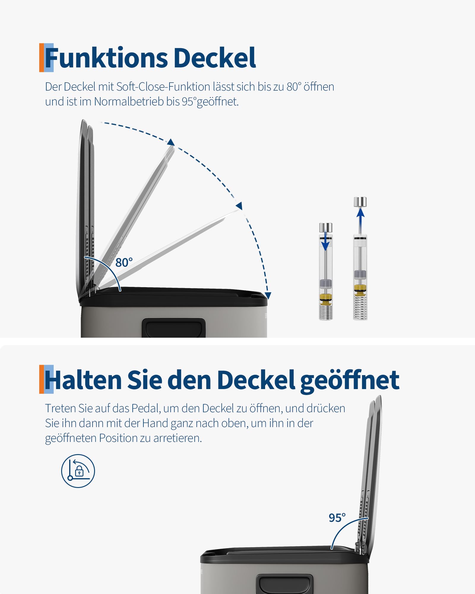 GarveeHome Mülleimer Küche, Mülleimer 2 fächer, Mülltrennsystem 2 x 15 Liter, Tretmülleimer mit Edelstahldeckel, Softclose-Deckel mit Inneneimer für Recycling und Restmüll, Grau