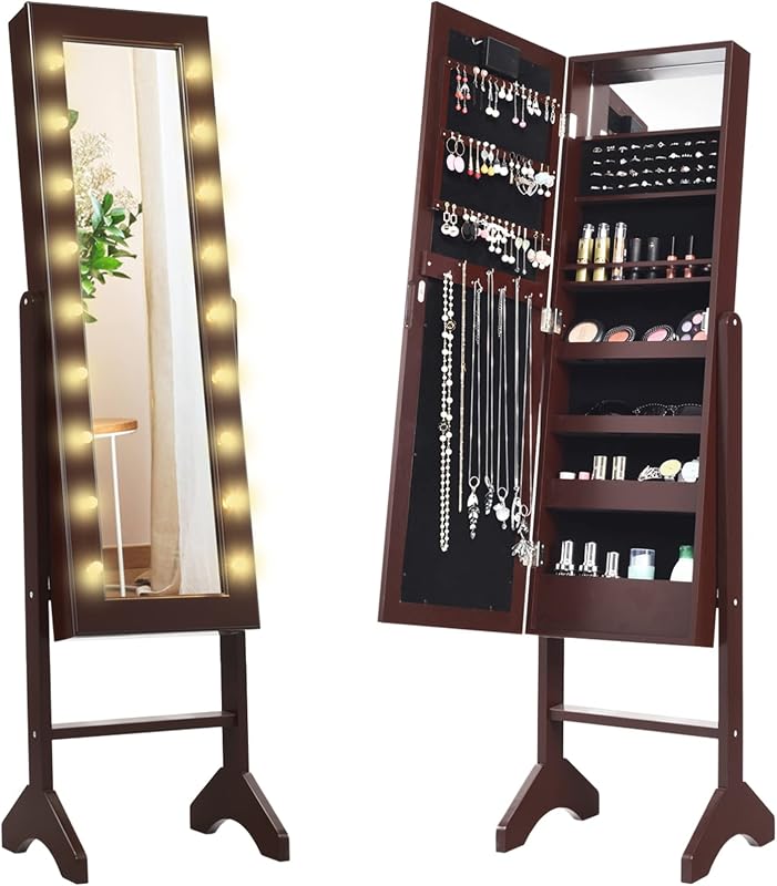 Giantex Armario de joyería de pie con 18 luces LED alrededor de la puerta, gabinete de joyería con espejo de almacenamiento grande con espejo de longitud completa, 16 soportes para lápiz labial, 1 espejo de maquillaje interior (marrón)