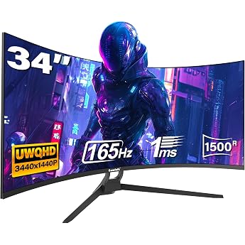 Gawfolk Gaming Curved Monitor 34 Inch 165 Hz 1500R Ultrawide PC Screen UWQHD 3440 x 1440P Curved Computer Screen VA Display Port HDMI VESA 75 x 75 mm