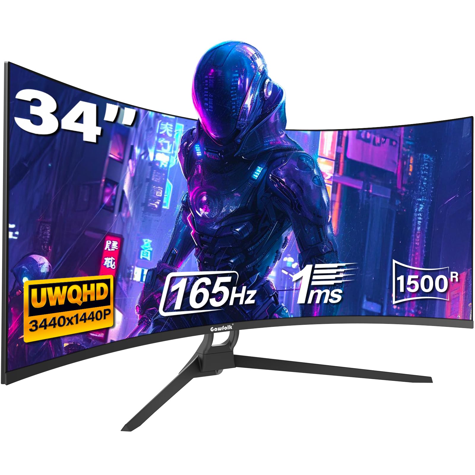 Gawfolk - Monitor Curvo para Juegos (34 Pulgadas, 165 Hz, 1500R, Ultrawide, PC UWQHD, 3440 x 1440P, Pantalla de Ordenador Curvada, VA, Displayport, HDMI, VESA 75 x 75 mm)
