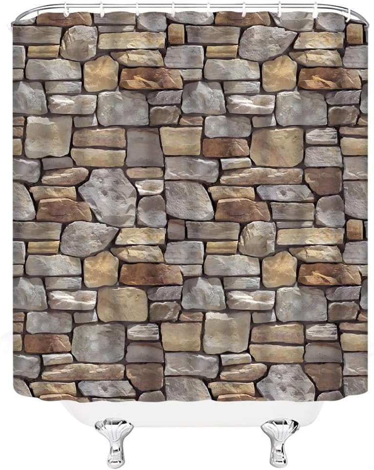 GCTNBJL Brick Wall Shower Curtain Vintage Brown Gray Stone Rocks Rustic Country Retro Geometric Wall Square Shaped Extra Long Bathroom Home Curtain with Hooks,70" Wx96 H