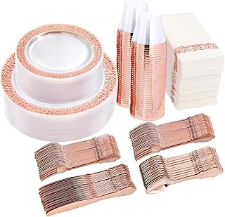 I00000 350Pcs Clear Rose Gold Dinnerware Set-100 plates with rose gold Lace Plastic-150 Rose Gold Plastic Silverware-50 Rose Gold Disposable Cups-50 Linen Like Paper Napkins for rose gold plate Party.