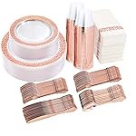 I00000 50 Guests Clear Rose Gold Plastic Plates - Disposable Dinnerware Set Includes: 100 Clear Rose Gold Plastic Plates, 150 Silverware, 50 Napkins, 50 Cups Perfect for Party & Wedding