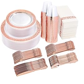 I00000 50 Guests Clear Rose Gold Plastic Plates - Disposable Dinnerware Set Includes: 100 Clear Rose Gold Plastic Plates, 150 Silverware, 50 Napkins, 50 Cups Perfect for Party & Wedding