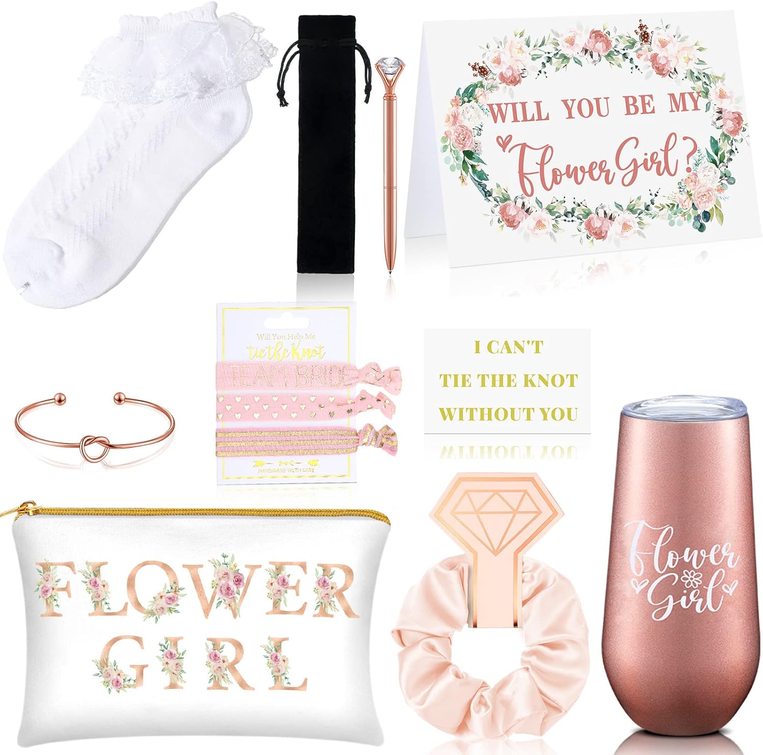 Yexiya 13 Pcs Bridesmaid Proposal Box Gifts Set Will You Be My Maid of Honor Gifts 6 oz Stainless Steel Wine Tumbler Socks Scrunchie for Pen Engagement Wedding Bachelorette Party Supply(Flower Girl)