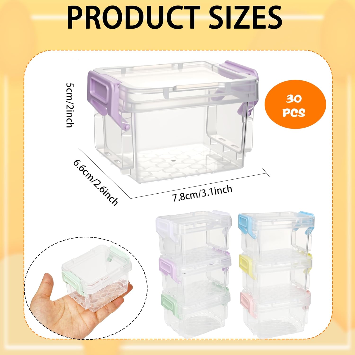 30 Pack Mini Plastic Storage Containers Box with Latching Lids Stackable Bead Organizers Clear Small Storage Box for Craft Beads, 6 Colors