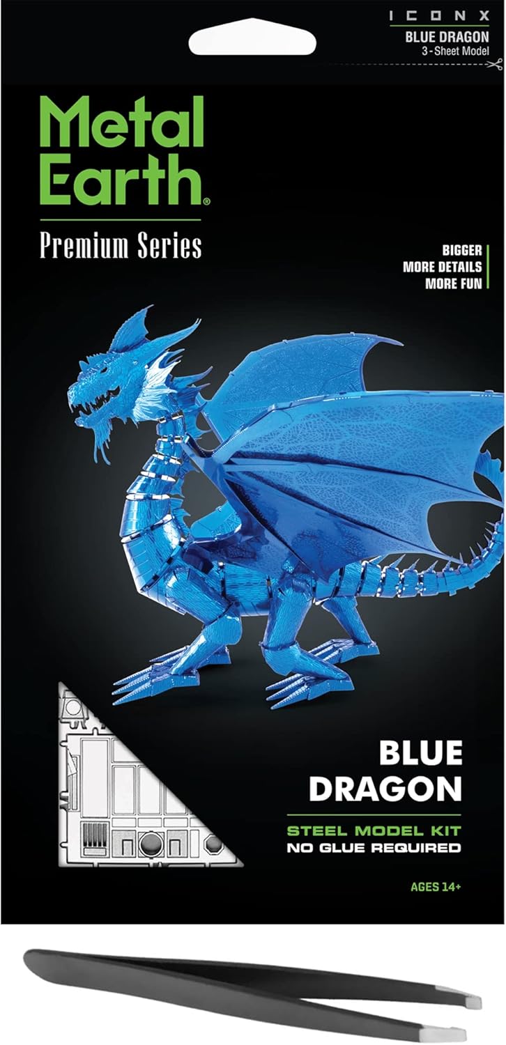Metal Earth Fascinations Premium Series Blue Dragon 3D Metal Model Kit Bundle with Tweezers