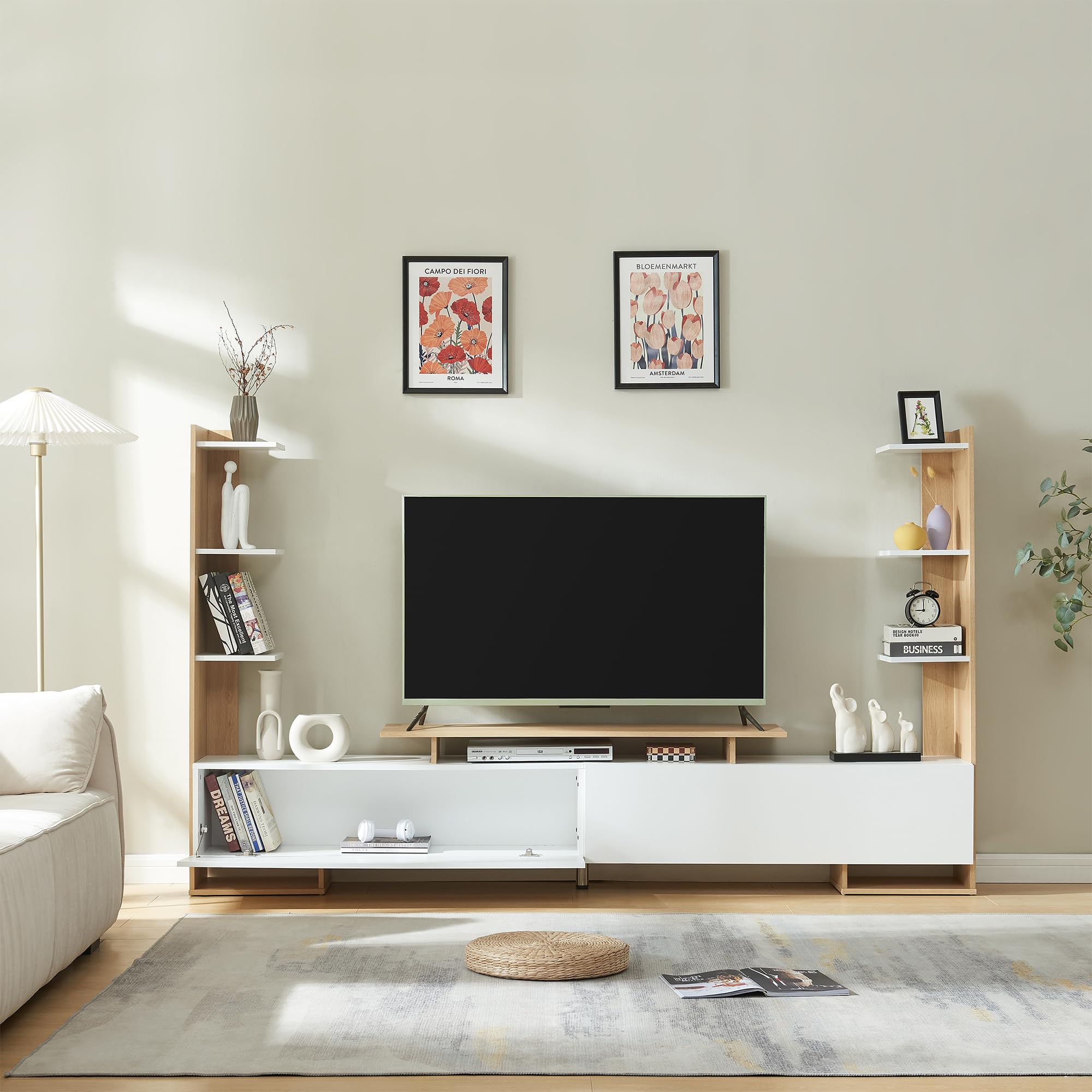 [en.casa] TV Schrank Rauki Lowboard mit 2 Seitenregalen Fernsehschrank 233 x 31 x 141 cm TV Board mit 1 offenen Fach und 2 Türen TV Kommode Fernsehtisch Weiß/Eicheoptik