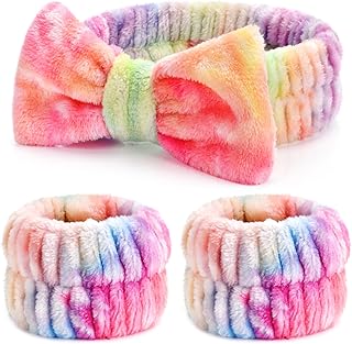 3PCS Spa Headband and Wristbands Set for Women, Soft Microfiber Face Wash Headband with Cute Bow, Elastic Absorbent Wrist Towels, Makeup Skincare Accessories for Facial, Shower, Yoga