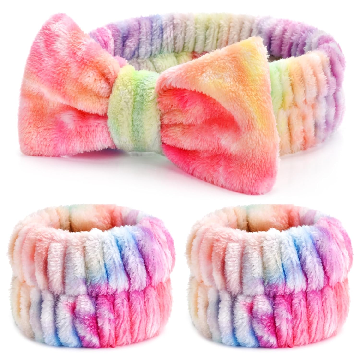 3PCS Spa Headband and Wristbands Set for Women Soft Microfiber Face Wash Headband with Cute Bow Elastic Absorbent