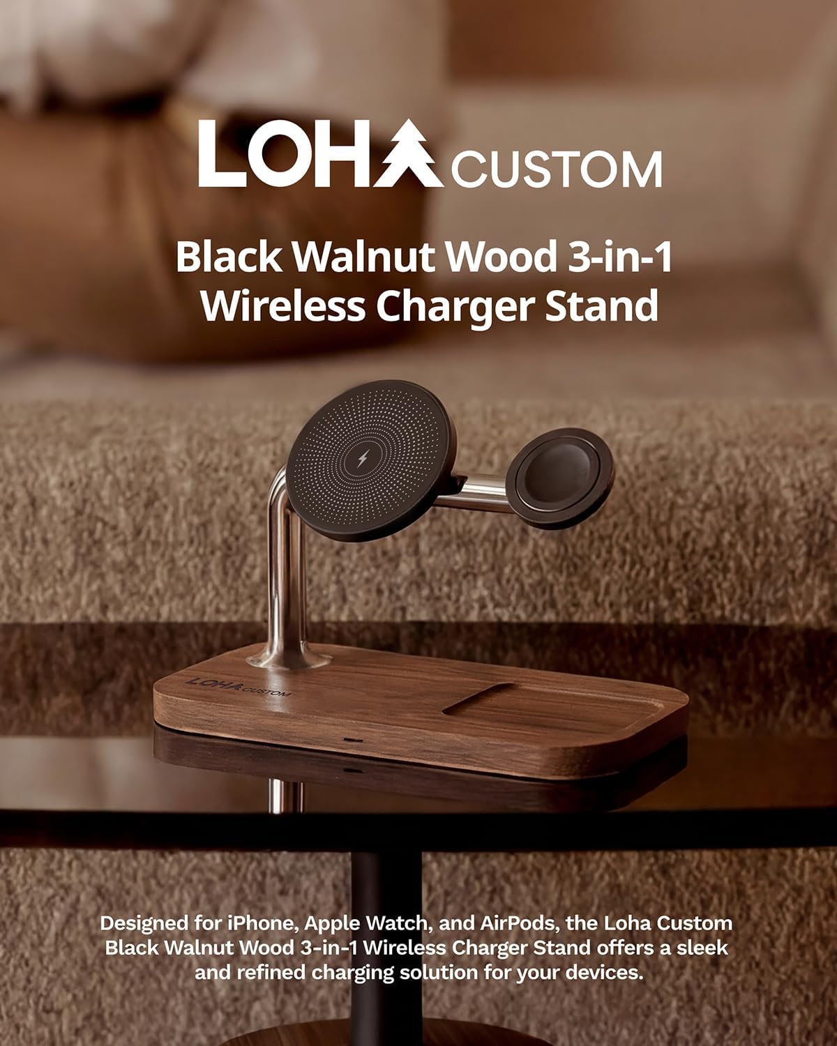 Black Walnut Wood 3-in-1 Wireless Charger: Charging Station & Stand for iPhone, Apple Watch, and AirPods, Compatible with MagSafe, Ladestation