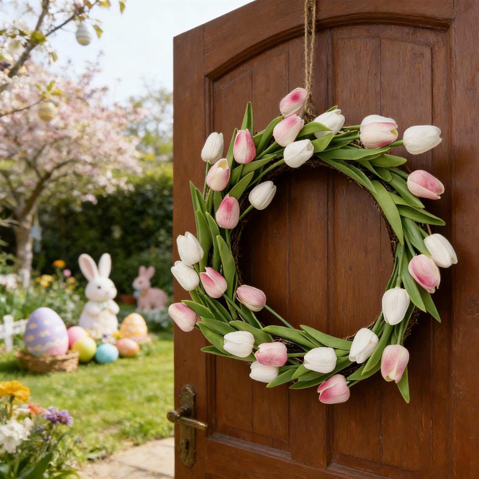 Ghirlanda primaverile per porta, decorazione da parete rustica, ghirlanda primaverile per porta d'ingresso, per casa, fattoria, appartamento, ristorante, interni ed esterni, Pasqua e feste