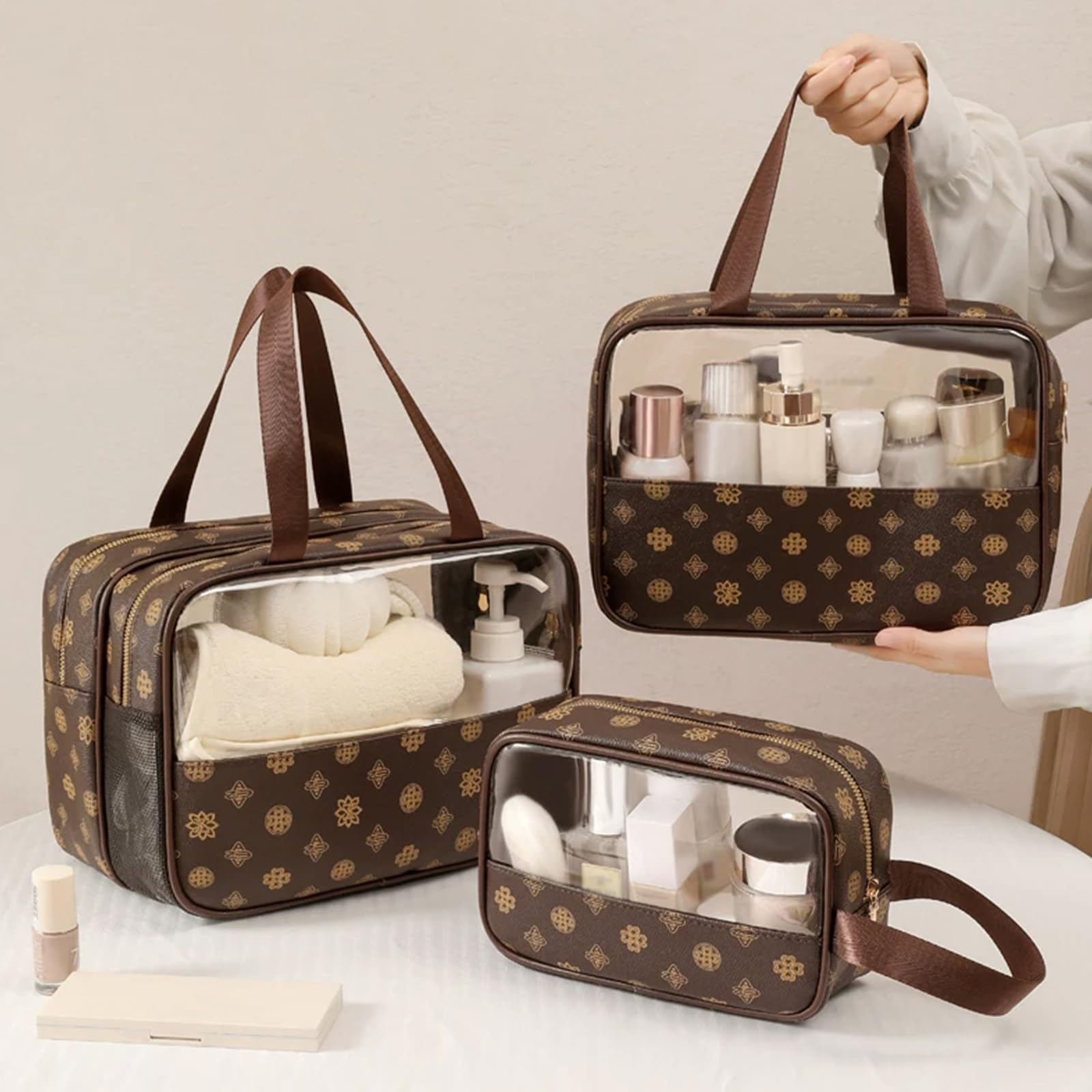 Borsa da Bagno da Viaggio, Trousse Portatile con Cerniera, con Tasche Interne, Ampia Apertura, Leggero e Pratico, Impermeabile, Accessorio Viaggio Essenziale per le Donne(Apricot)