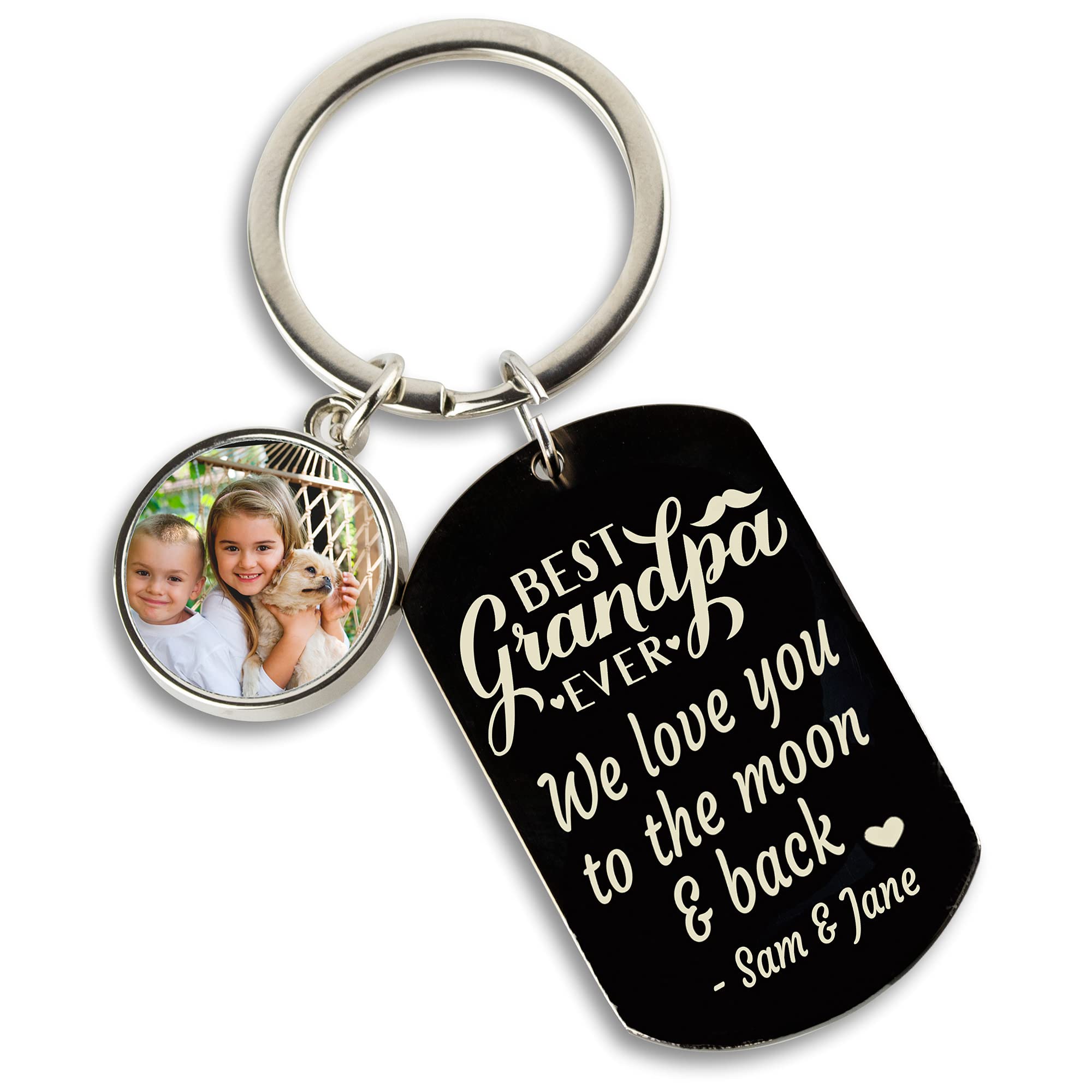 Eliphs Unisex Silver Personalised Photo Keyring With Engraved Text, Black Metal Tag Keychain With Custom Front & Back Engraving And Round Photo Charm, Custom Gift For Him Her
