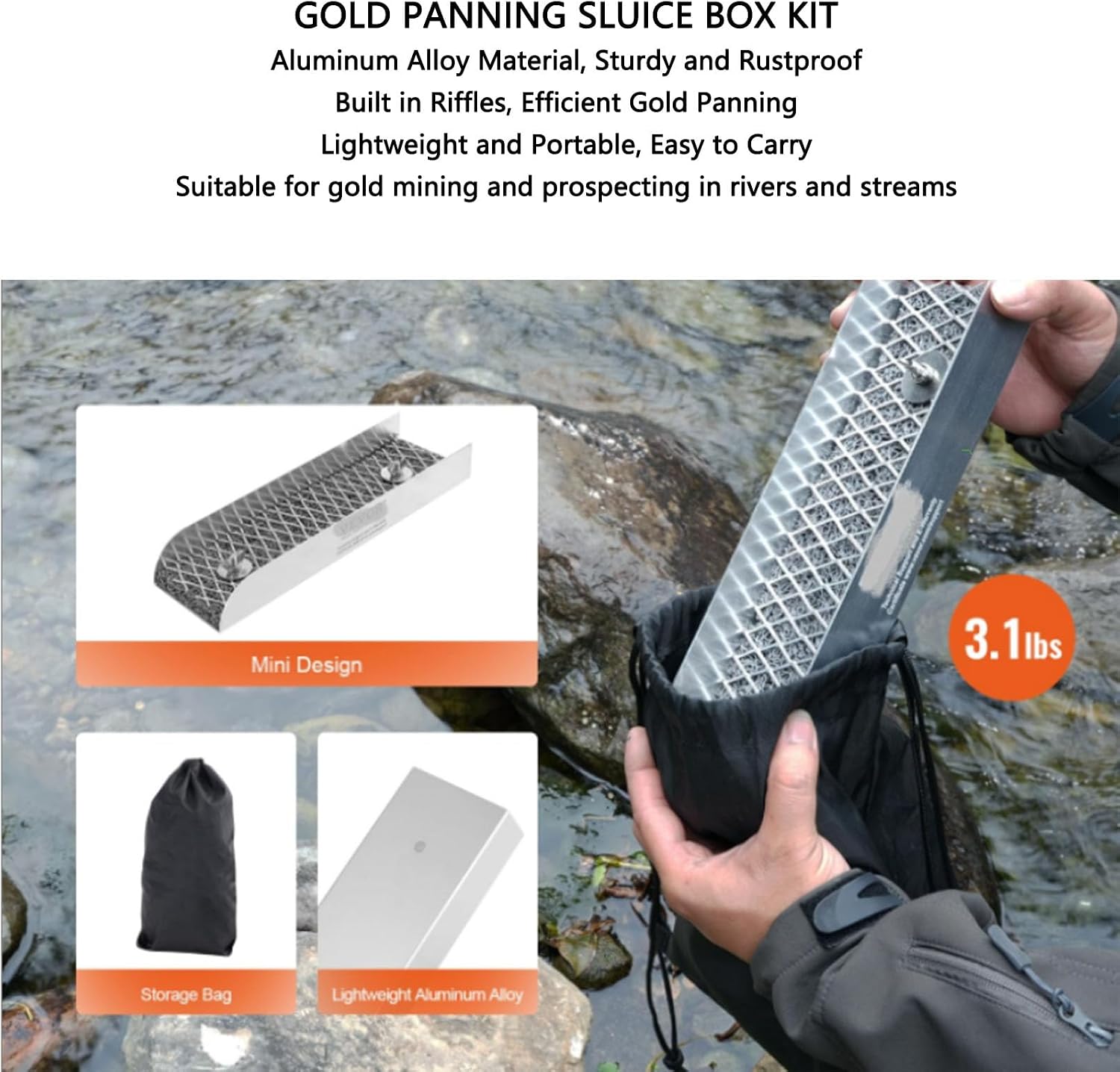 Luocute 12 Inch Gold Panning Trough, Aluminum Alloy Portable Sluice Box Prospecting Kit with Backpack, Metal Detector Parts Accessories for Gold Mining in Rivers and Creeks