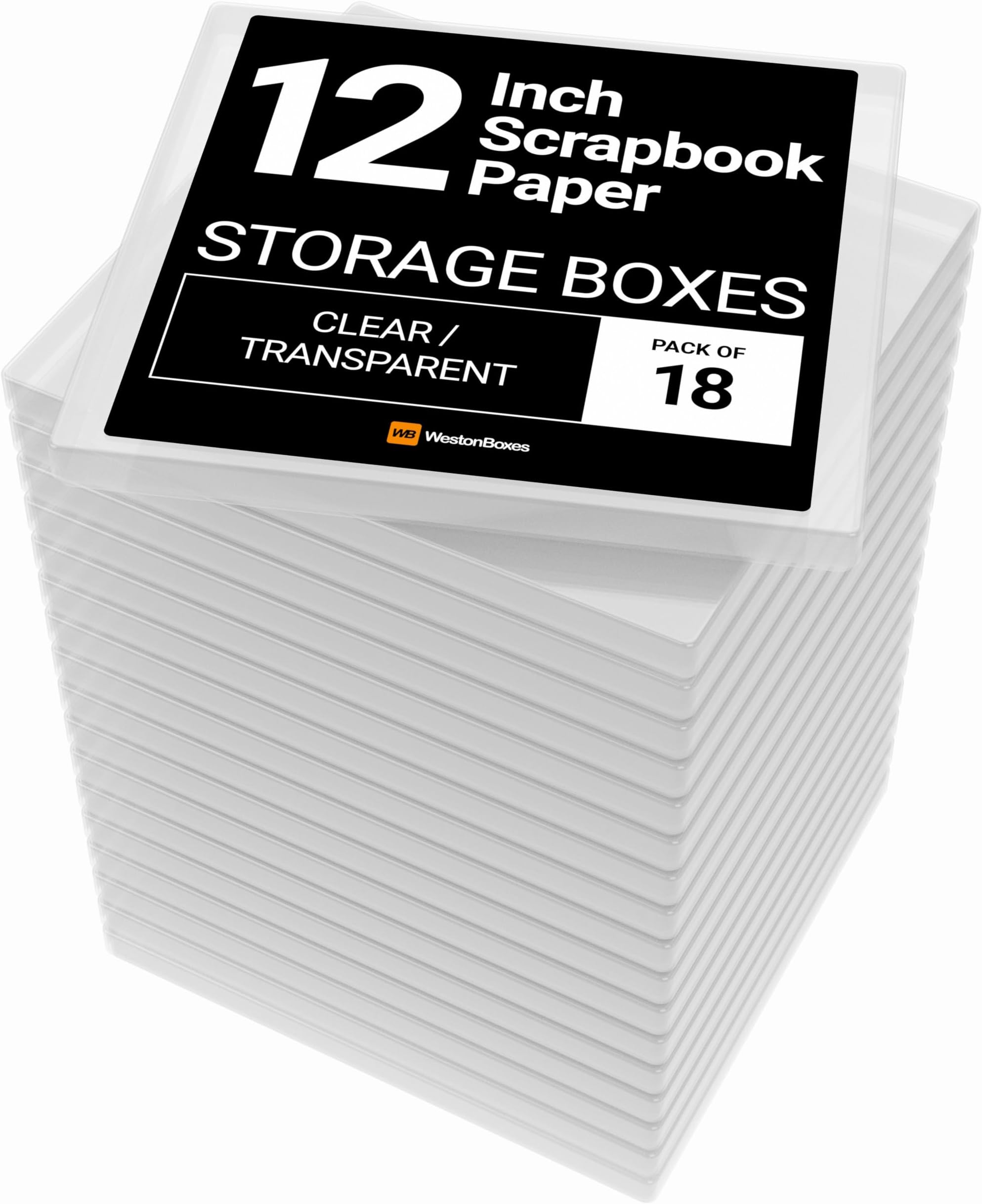 12x12 (12.5 x 13.5 Inch / 31 x 33.5cm) Plastic Storage Box for Scrapbooking and Paper Crafts - 2.6 Litre Volume (Pack of 18)