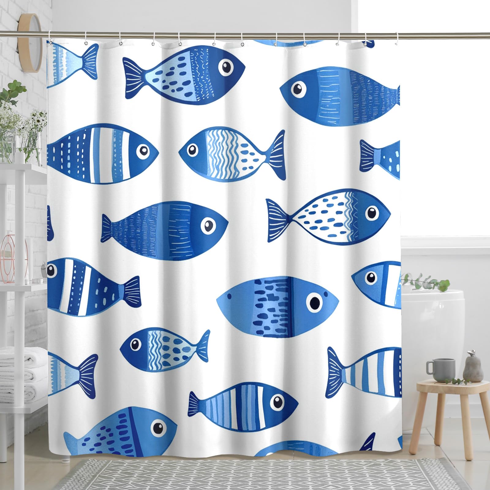 Fish Shower Curtain, Blue Ocean Fish Pattern Shower Curtain for Bathroom Decor, Summer Nautical Modern Stylish Waterproof Fabric Shower Curtain Set with Hooks 72x72 Inch