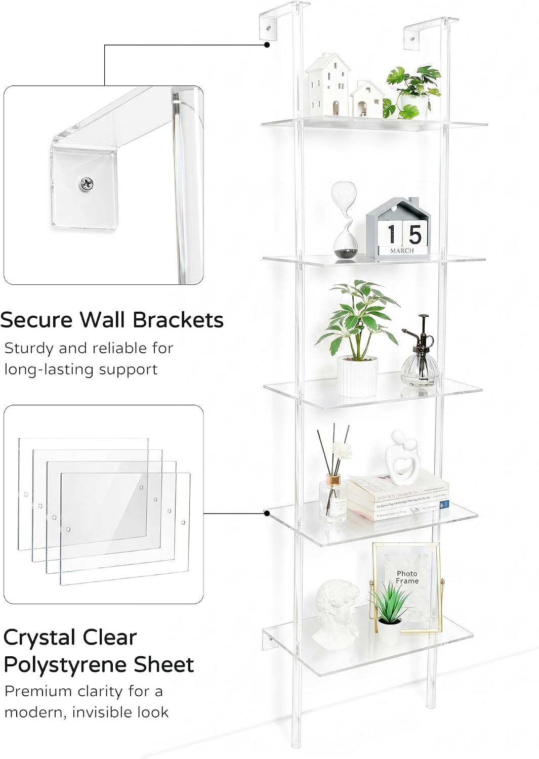 5 Tier Clear Acrylic Ladder Shelf for Wall Storage and Organizer | 64 Inch Tall, Wall Mounted, Narrow Display Shelves, for Vanity, Bedroom, for Perfumes, Trinket, Makeup, Handbag, Plants