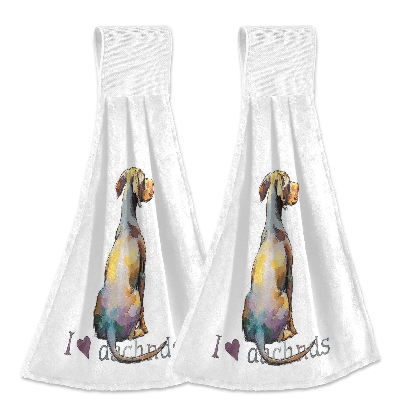 Boccsty Cute Dachshund Dog Hanging Kitchen Towels 2 Pieces Heart Puppy Pet Dish Cloth Tie Towels Hand Towel Tea Bar Towels for Bathroom Farmhouse