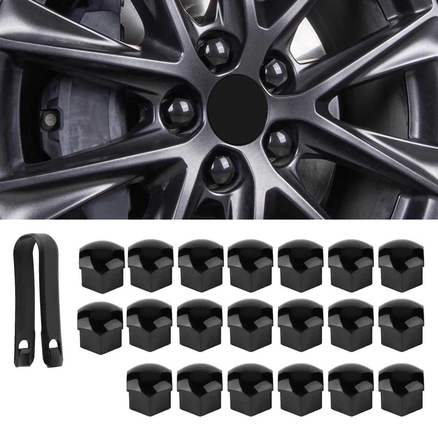 Tryagat 20Pcs Hexagonal Tire Nut Covers for Audi Q6 e-tron Sportback 2024 2025 2026, Caps Hub Screw Covers with Removal Tool Set Wheel Bolt Caps Hub Nut Protectors,Black-17mm