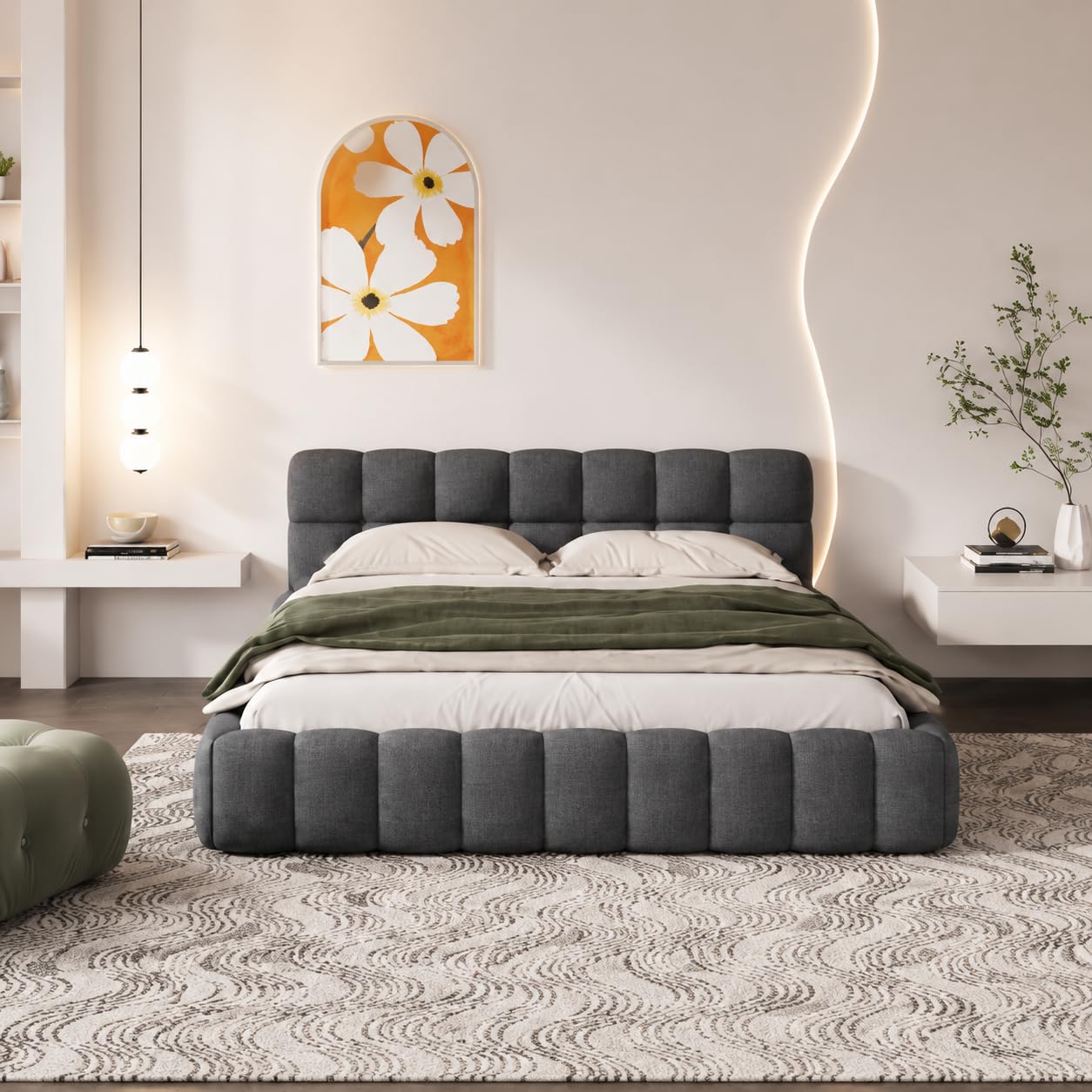 Lit Bulle 140x190 avec sommier à Lattes et tête de lit rembourrée, Cadre de lit Bas, Lit Double capitonné,Lin, sans Matelas (Gris, 140 x 190 cm)