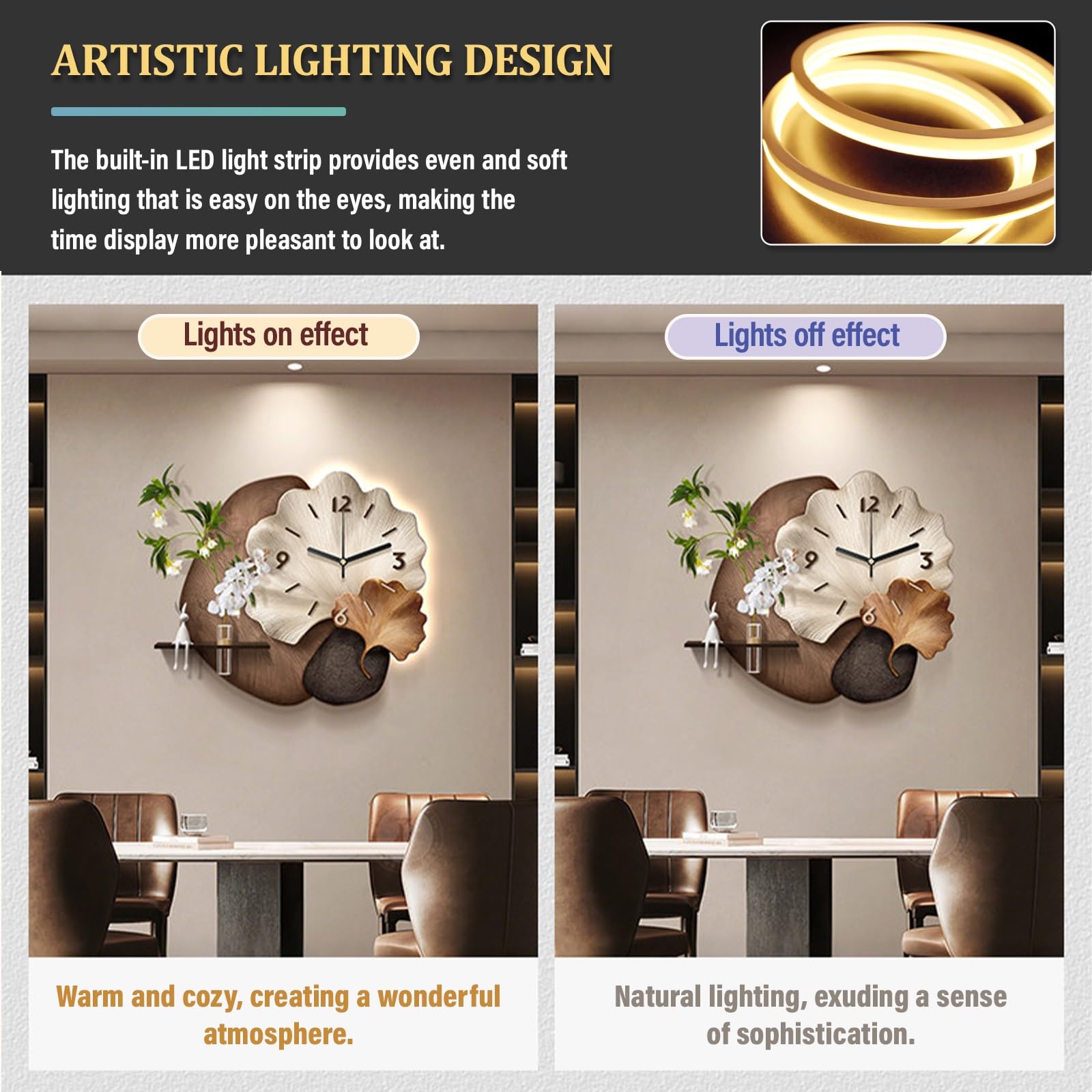 Orologio Da Parete Decorativo 3D Con Luce LED, Moderno Decorazioni Da Parete Con Vaso In Vetro, Orologio Murale Silenzioso Al Quarzo A Forma Di Foglia Di Ginkgo Per Casa, Soggiorno Camera Ufficio