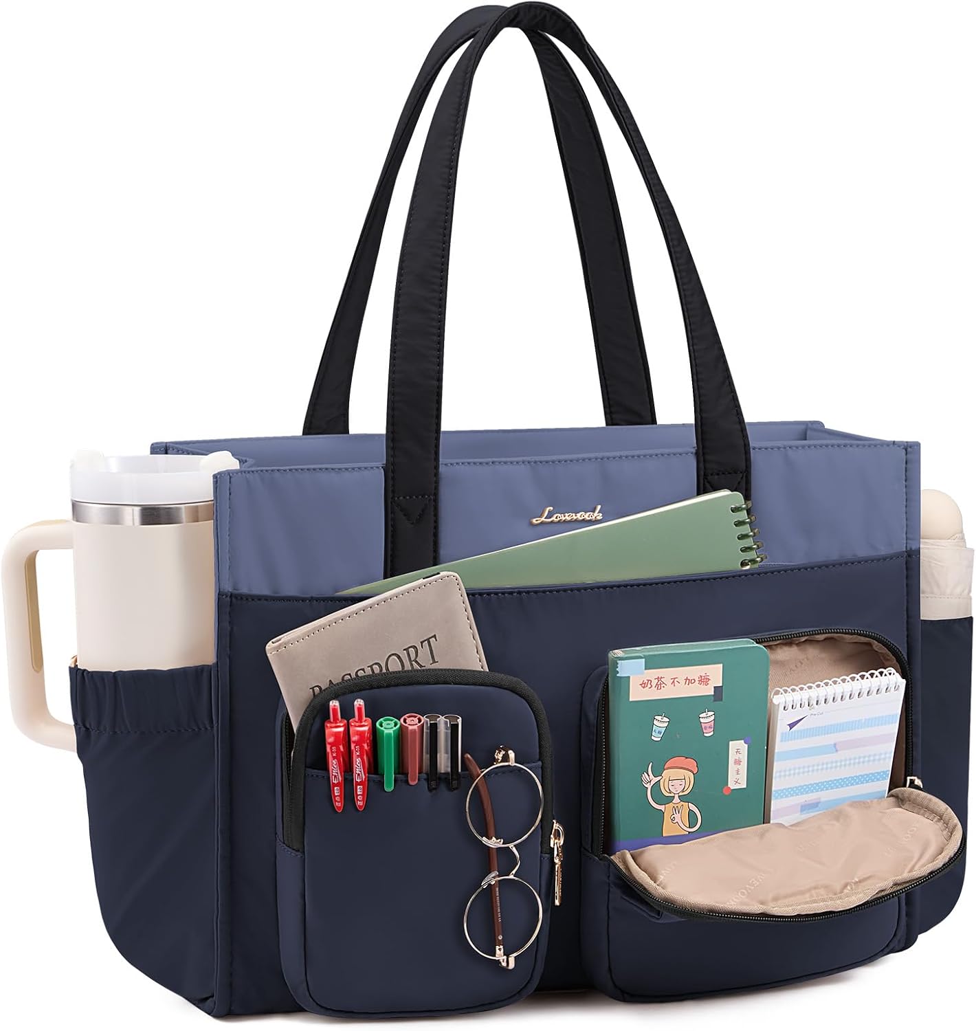 LOVEVOOK Teacher Tote Bag for Women,Multi-pocket Laptop Bag with Large Cup Holder,Nurse Bags Work Travel Computer Handbag