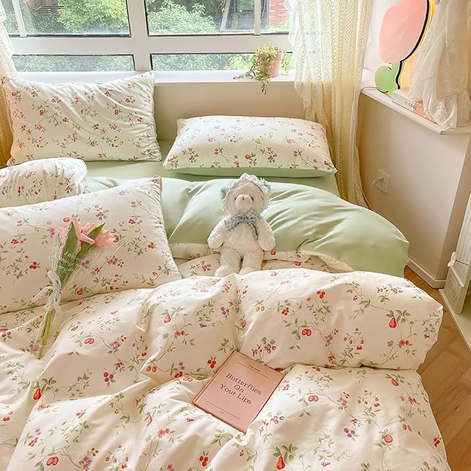 Juego de ropa de cama 135x200 Blanco Verde Flores Hojas Plantas Diseño…